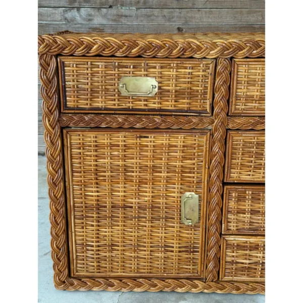 Vintage Organic Modern Restored Large Braid Rattan Sideboard With Brass Hardware - Image 9