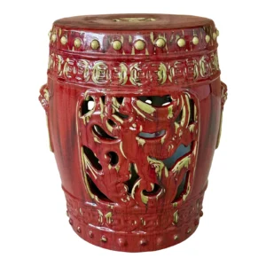 Vintage Oxblood Red Chinese Ceramic Glazed Garden Stool With Pierced Detailing